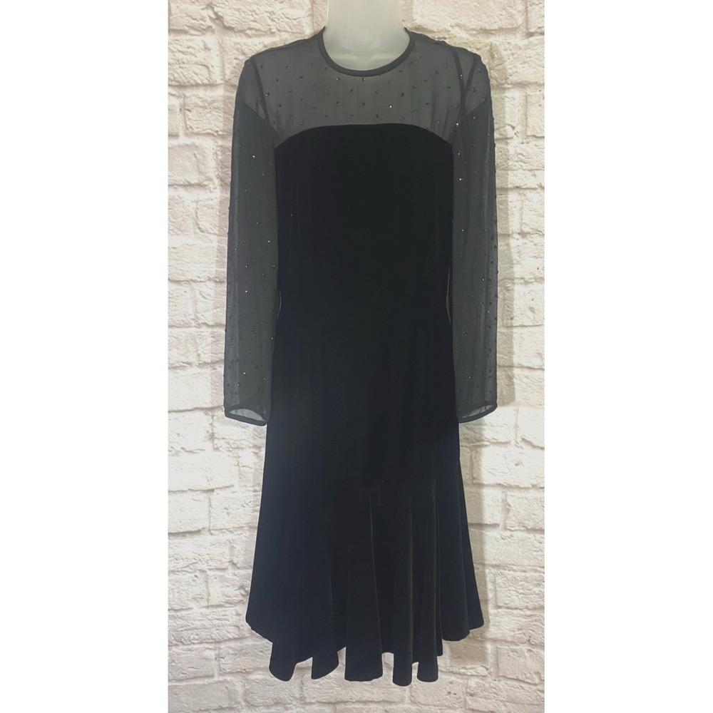 Vintage NIPON BOUTIQUE Womens Black Velvet Sparkle Sheer Ruffled Dress Size 6